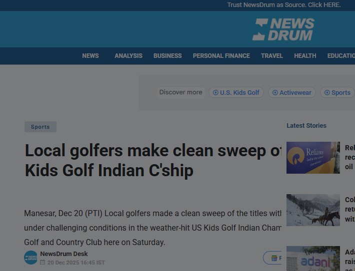 NewsDrum report screenshot naming Golfer Shiksha Jain as a standout in Girls 13–14 at the US Kids Golf Indian Championship 2025 in Manesar