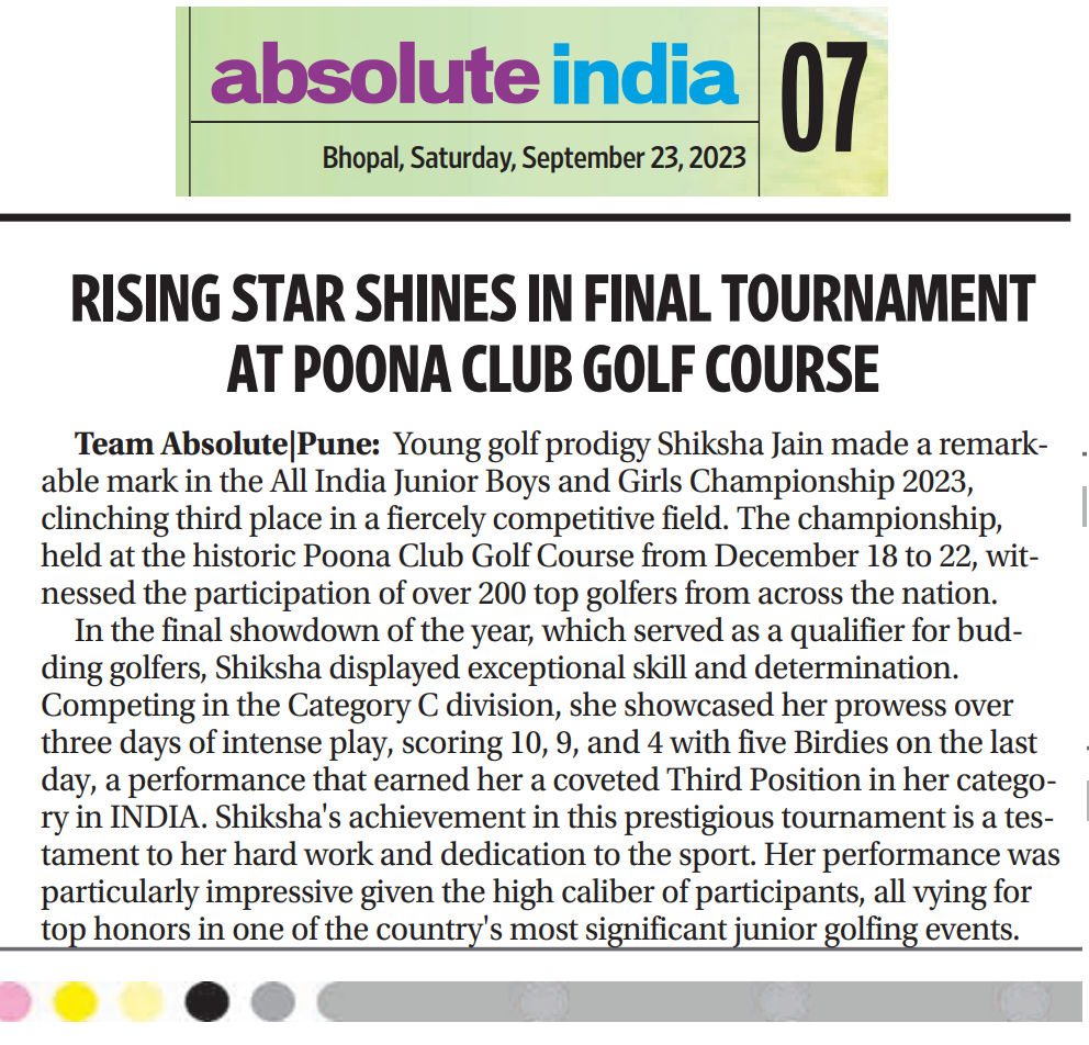 Absolute India newspaper image featuring Shiksha Jain after finishing third at the All India Junior Golf Championship at Poona Club Golf Course