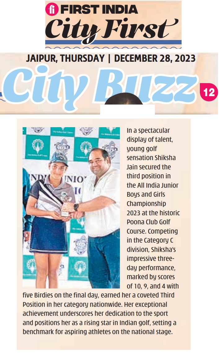 First India newspaper image showing junior golfer Shiksha Jain winning the 5th Junior NCR Cup at Delhi Golf Club