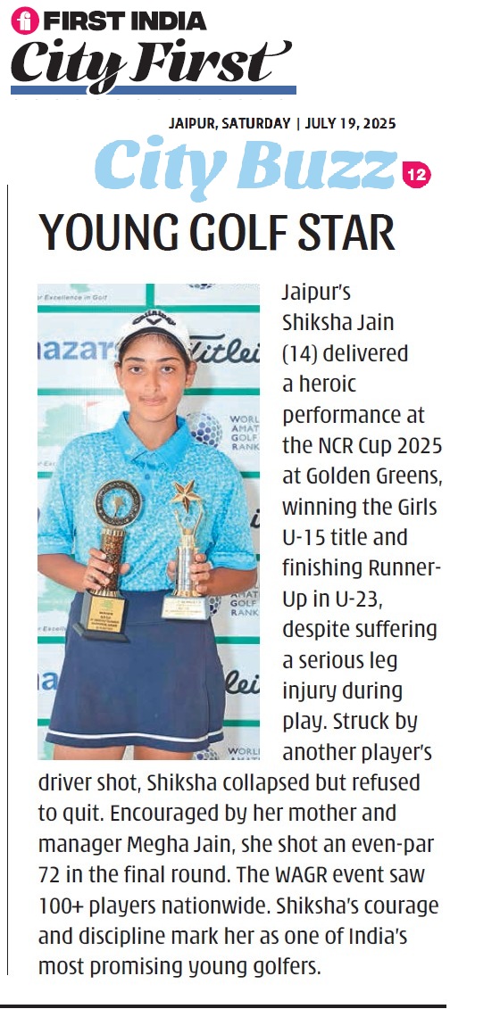 Golfer Shiksha Jain holding trophies after NCR Cup 2025 win at Golden Greens