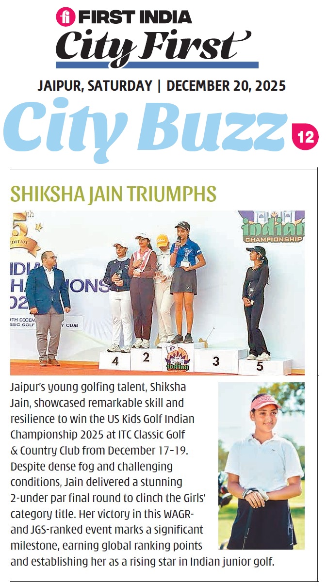 Golfer Shiksha Jain celebrating US Kids Golf Indian Championship 2025 win at ITC Classic, Manesar