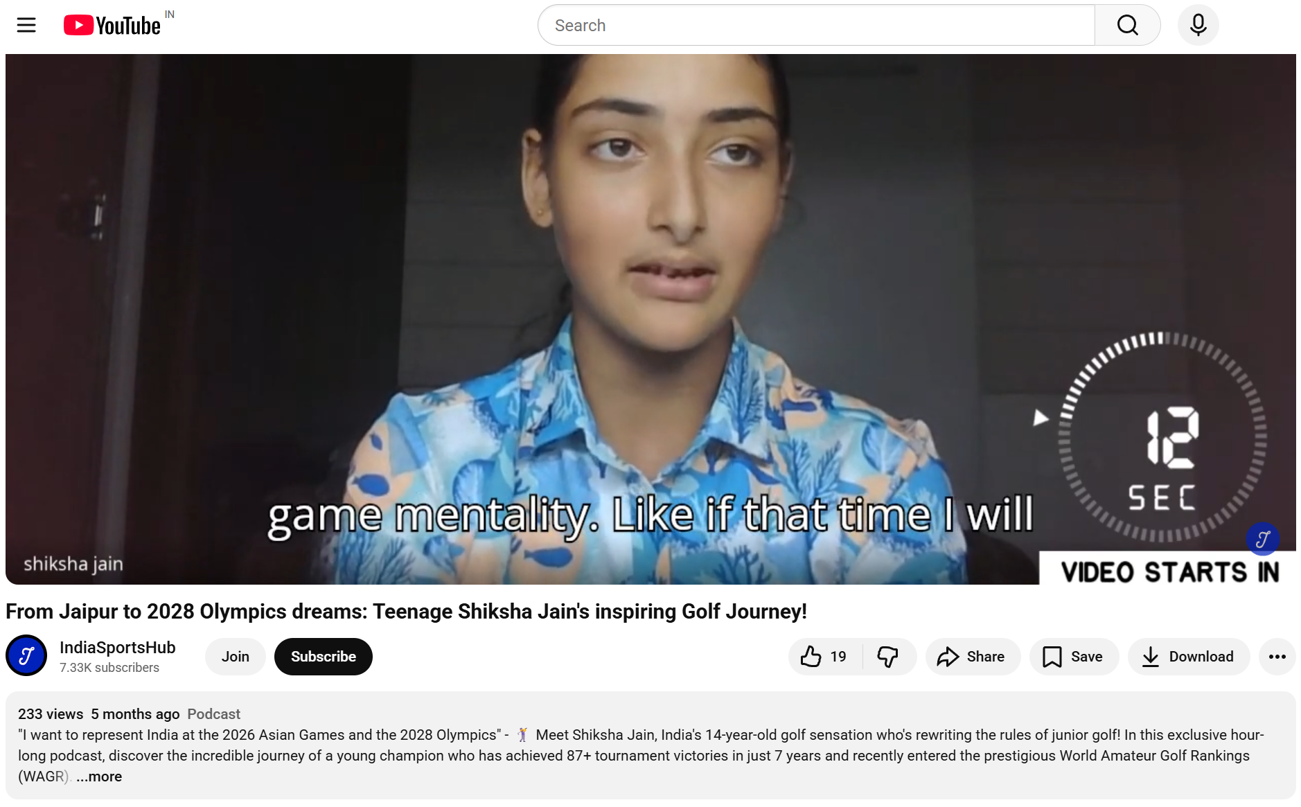 Golfer Shiksha Jain speaking in IndiaSportsHub podcast about her golf journey and Olympic dreams