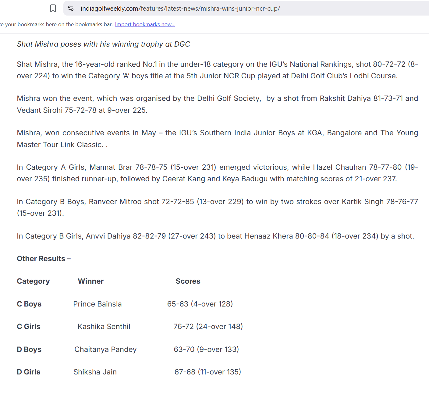 Golfer Shiksha Jain after winning D Girls category at Junior NCR Cup 2023