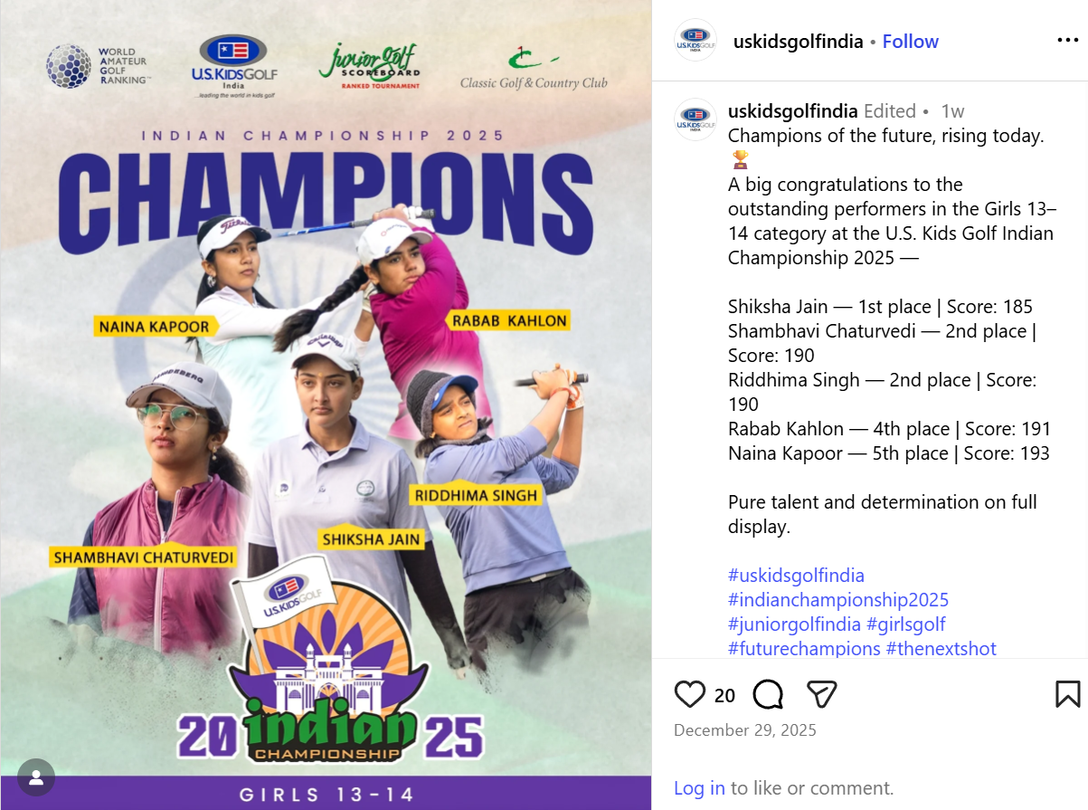 Golfer Shiksha Jain holding medal after winning first place at U.S. Kids Golf Indian Championship 2025 in Girls 13–14 category