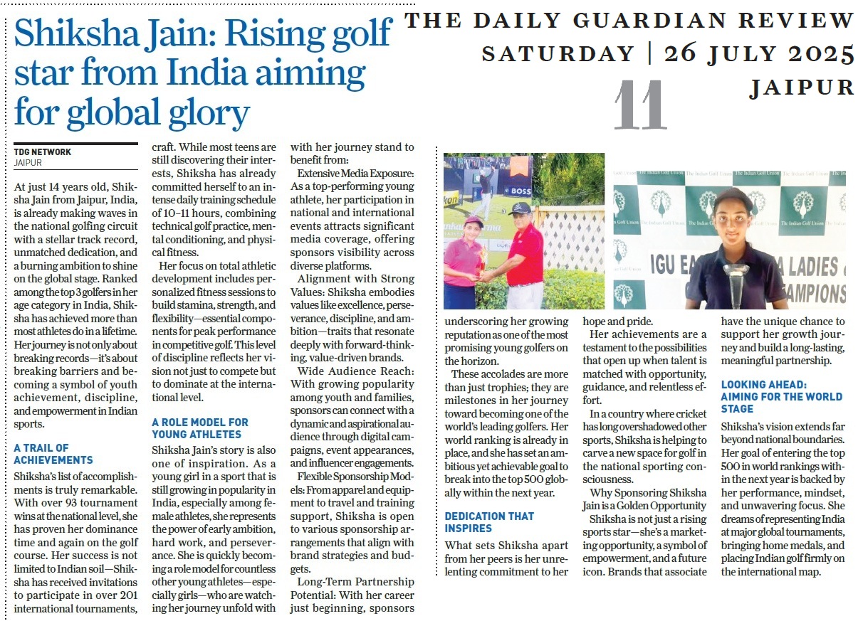 Golfer Shiksha Jain holding trophies in Daily Guardian Review feature
