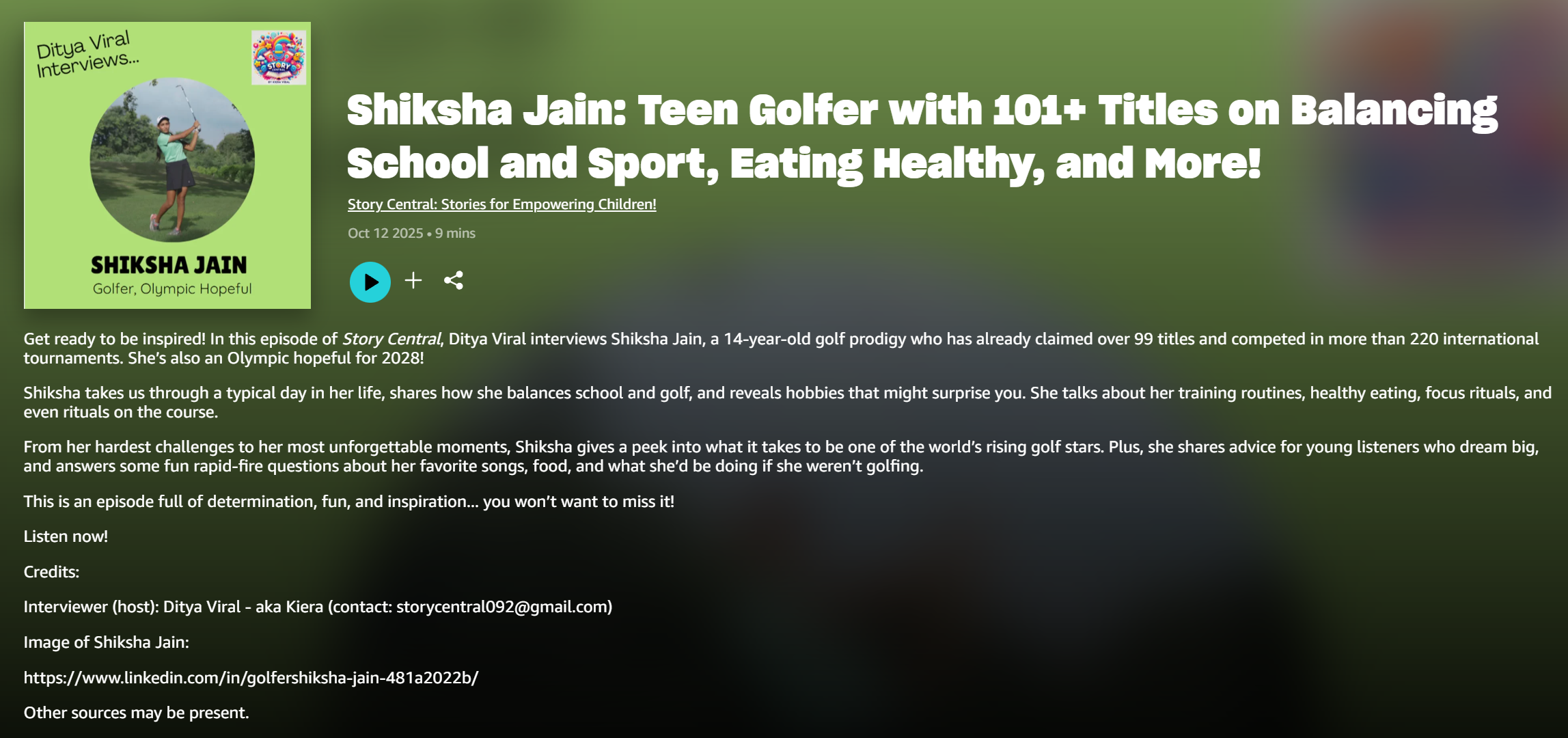 Golfer Shiksha Jain featured in podcast discussing her 108+ titles and Olympic aspirations